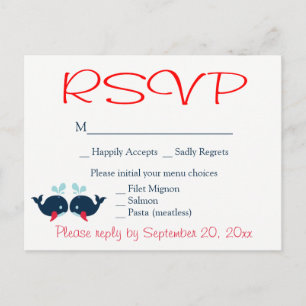 Invitation Carte Postale Nauticale RSVP Baleines Navy Mariage Rouge Fête s