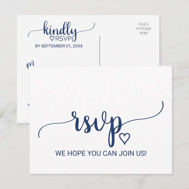 Invitation Carte Postale Navy Blue Simple Calligraphie Demande de chanson R (Devant / Derrière)