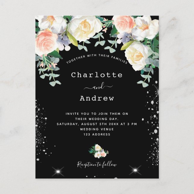 Invitation Carte Postale Noir blanc rose florale argent brillant mariage (Devant)