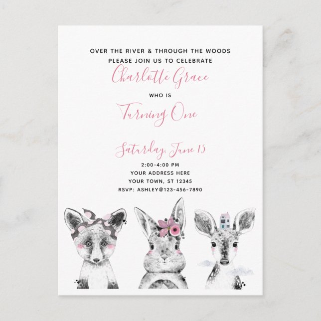 Invitation Carte Postale Noir blanc rose Script Woodland fête d'anniversair (Devant)