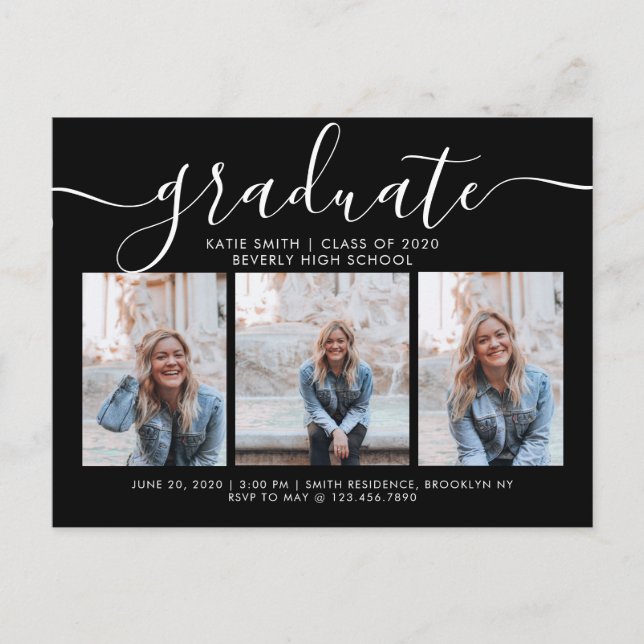 Invitation Carte Postale Noir blanc Script Calligraphie Graduation 3 Photo (Devant)