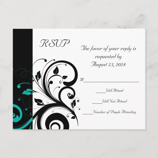 Invitation Carte Postale Noir et blanc avec RSVP inversé Turquoise (Devant)