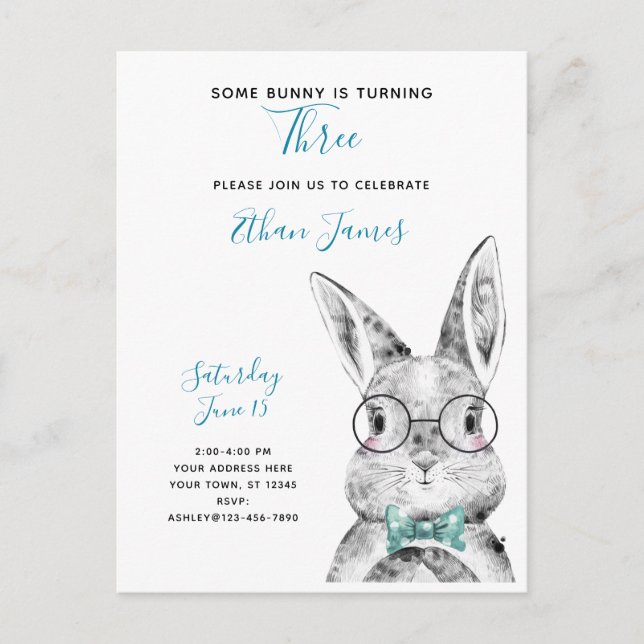 Invitation Carte Postale Noir et blanc Un lapin atteint trois ans (Devant)