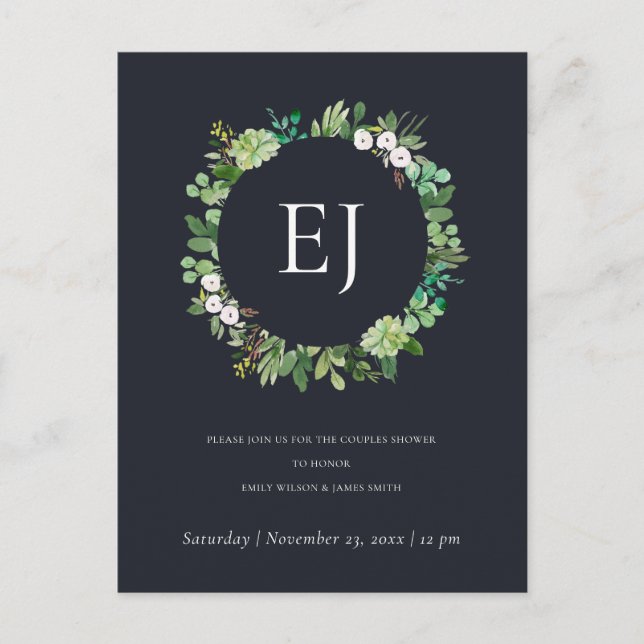 INVITATION CARTE POSTALE NOIR KRAFT FOLIAGE WREATH MONOGRAM BRUNCH BUBBLY (Devant)