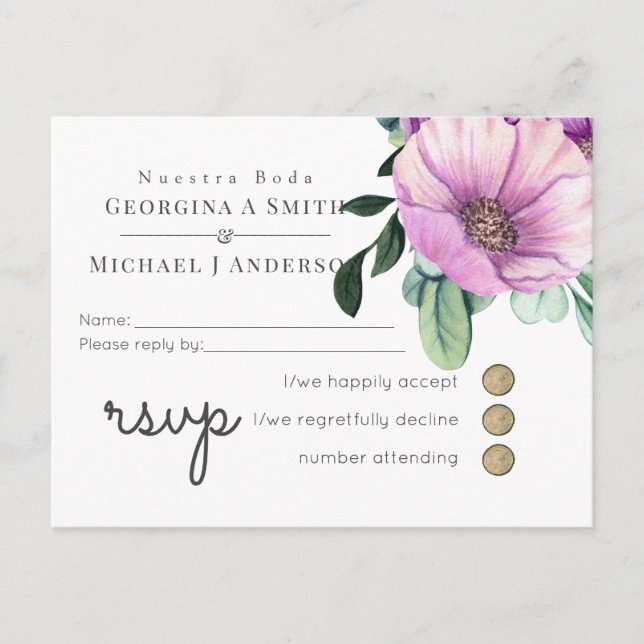 Invitation Carte Postale Notre Mariage RSVP Mariage Espagnol Fleurs Violett (Devant)