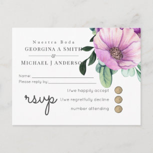 Invitation Carte Postale Nuestra Boda RSVP Mariage espagnol Fleurs violette
