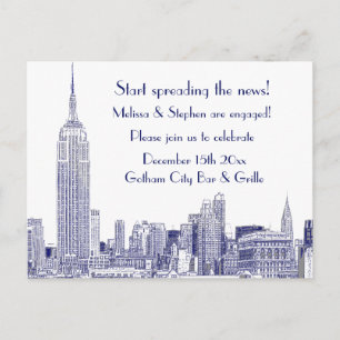 Invitation Carte Postale NYC Skyline Gravé 01 Fête de Fiançailles Bleu