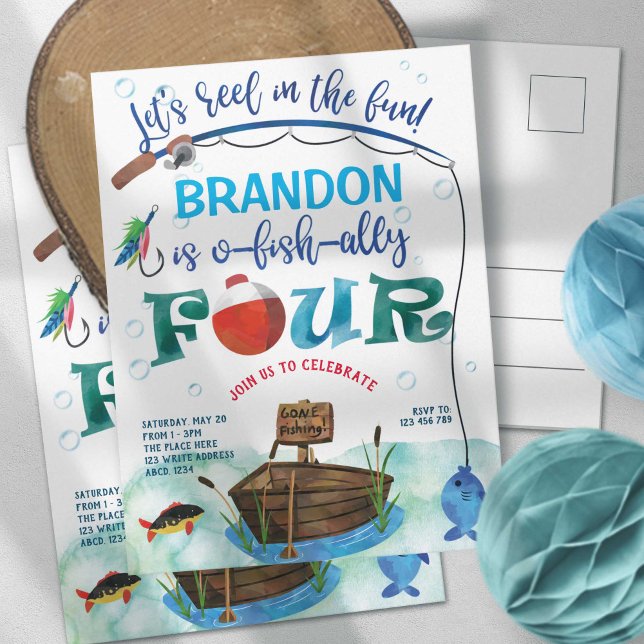 Invitation Carte Postale O-fish-Ally, Petit pêcheur, Pêche 4e anniversaire (Fishing themed, Boy 1st birthday invitation. O fish ally, gone fishing, little fisherman birthday.)