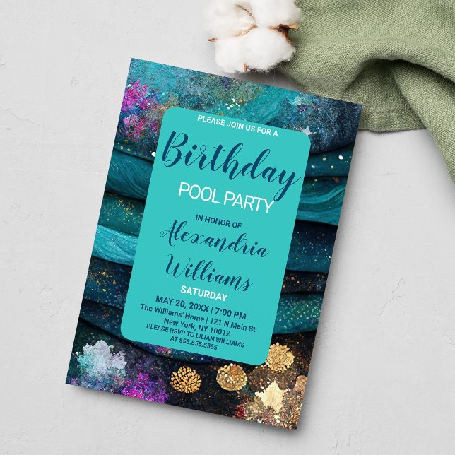 Invitation Carte Postale Océan nautique turquoise sirène d'or rose (Ocean nautical teal pink gold mermaid Birthday Invitation)
