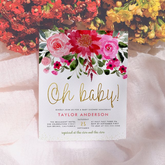 Invitation Carte Postale Oh Baby Baby shower floral rose (Créateur téléchargé)