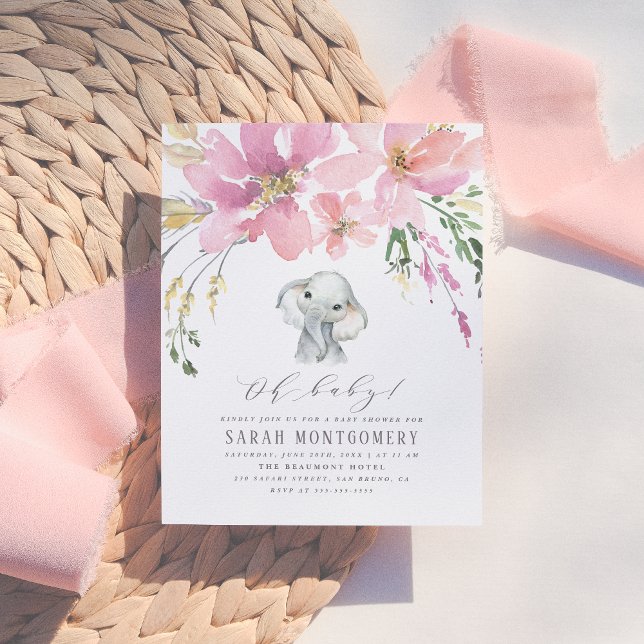 Invitation Carte Postale Oh Baby Elegant Rose Floral Elephant Baby shower (Créateur téléchargé)
