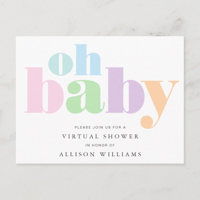 Invitation Carte Postale Oh Baby Pastel Typographie Baby shower virtuel (Devant)