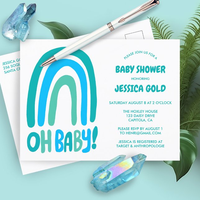 Invitation Carte Postale OH BABY SHOWER doux bleu arc-en-ciel PERSONNALISÉ (OH BABY SHOWER Sweet Blue Rainbow CUSTOM Invitation Postcard Baby Shower Baby SPrinkle Cute)