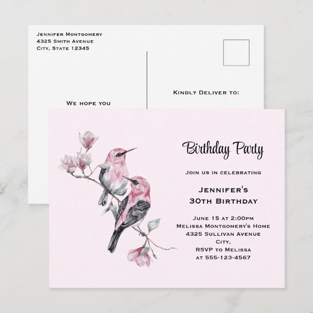 Invitation Carte Postale Oiseaux-chanteurs roses sur une branche d'arbre An (Devant / Derrière)