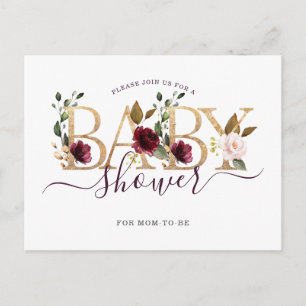 Invitation Carte Postale Or Vin Bourgogne Floral Baby Shower
