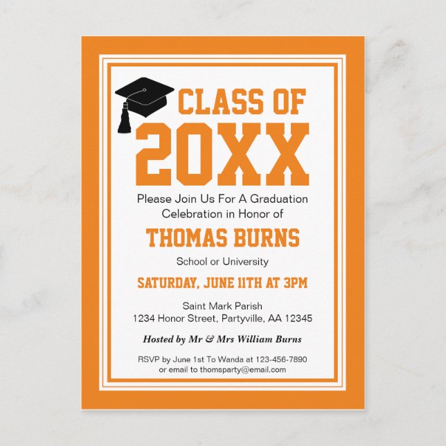 Invitation Carte Postale Orange et White Graduation Party (Devant)