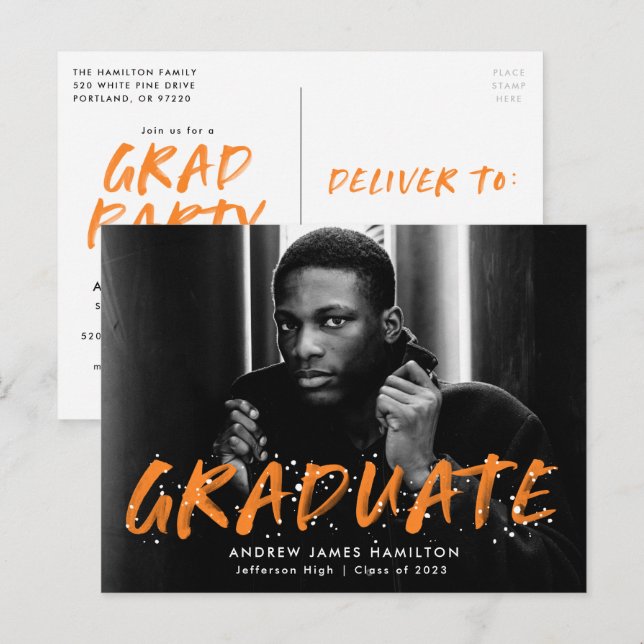Invitation Carte Postale Orange Paint Splatter Photo Graduation Party (Devant / Derrière)