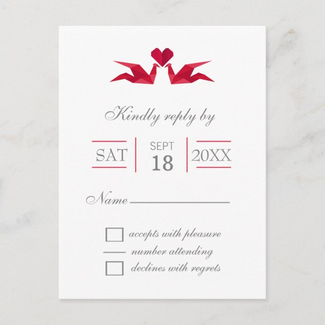 Invitation Carte Postale origami roux grues mariage rsvp (Devant)