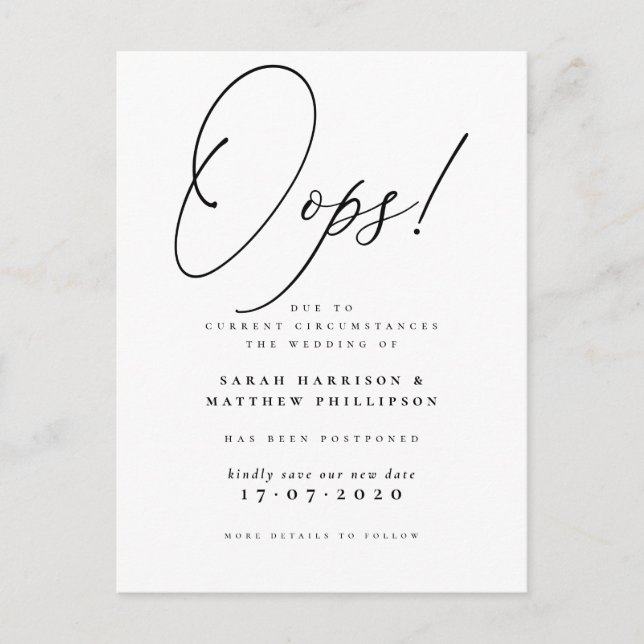 Invitation Carte Postale Oups ! Annonce de mariage reporté officielle (Devant)