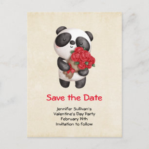 Invitation Carte Postale Ours Panda avec Bouquet de Roses Save the Date