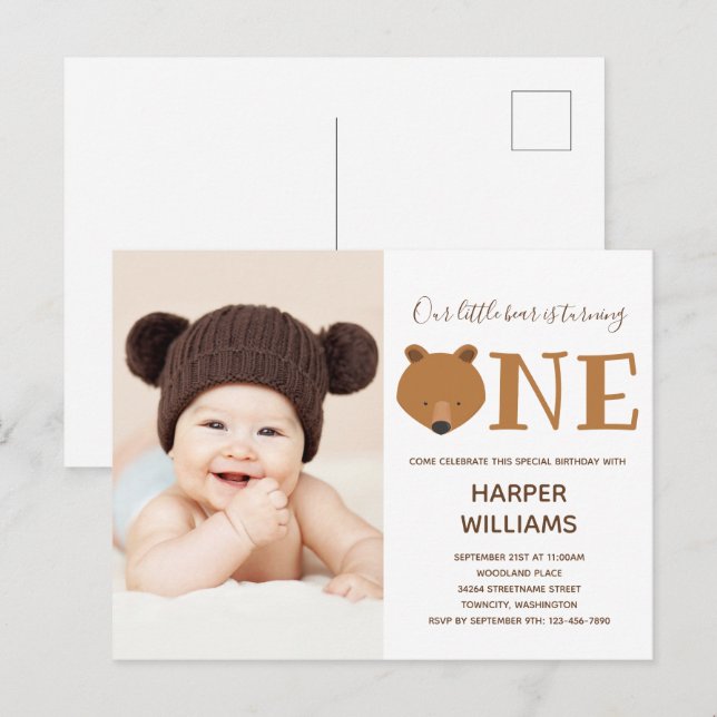 Invitation Carte Postale Ours Photo Animal Premier anniversaire (Devant / Derrière)
