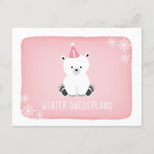 Invitation Carte Postale Ours rose Polaire Hiver Onederland Premier anniver