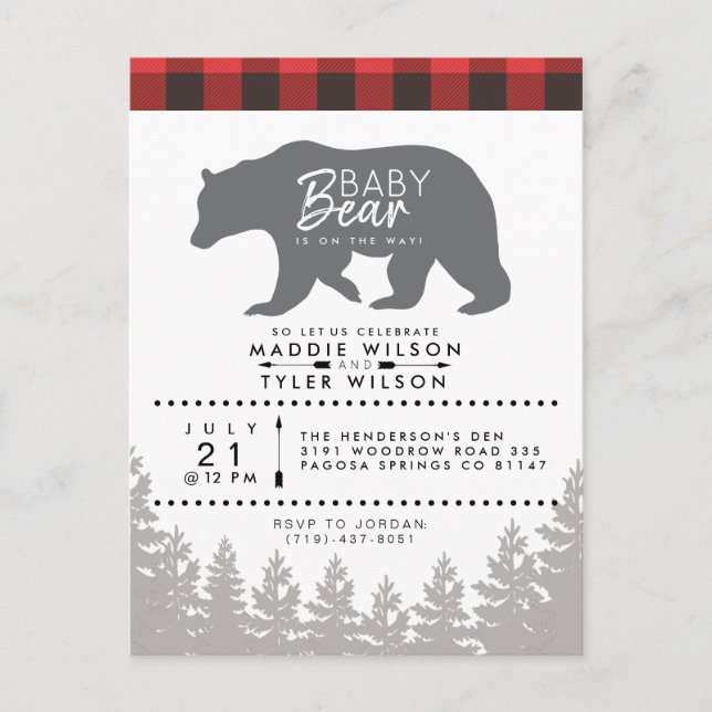 Invitation Carte Postale Ourson de la forêt | Baby Shower Bûcheron Rustique (Devant)