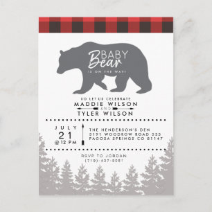 Invitation Carte Postale Ourson de la forêt   Baby Shower Rustique Bûcheron