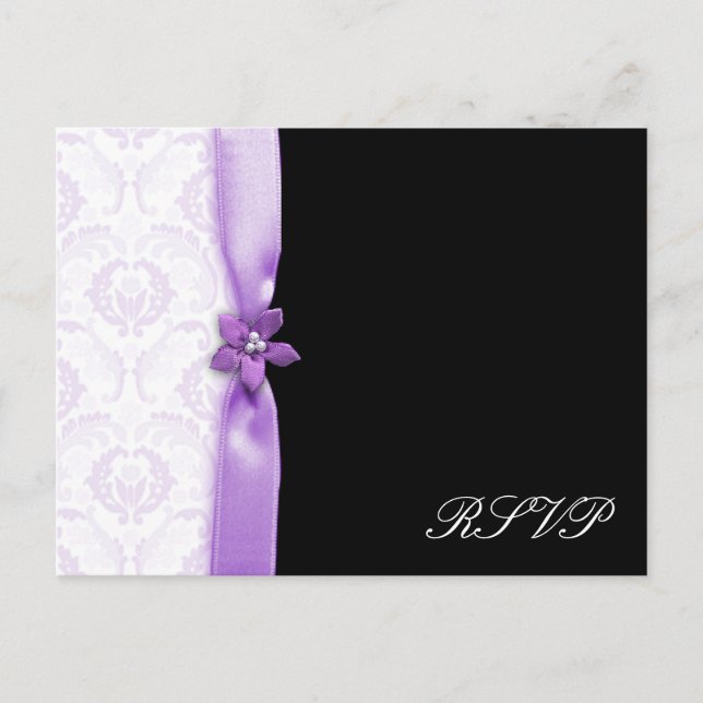 Invitation Carte Postale Pack de mariage en damassé lavande et noir (Devant)
