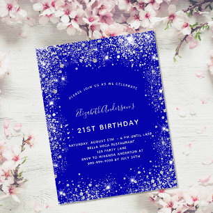 Invitation Carte Postale Pailleté bleu royal argent glamour anniversaire