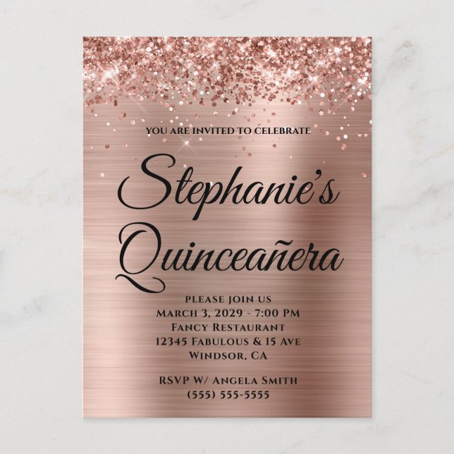 Invitation Carte Postale Pailleté Rose Gold Foil Quinceañera (Devant)