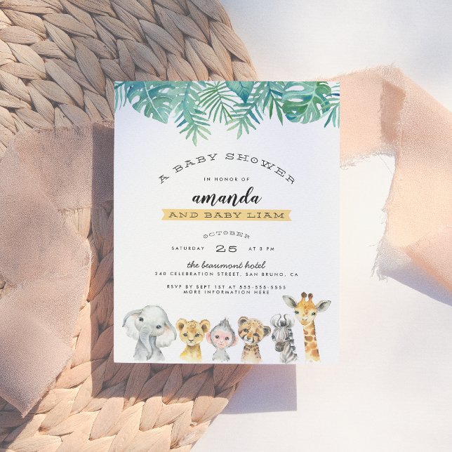 Invitation Carte Postale Palm Feuille & Jungle Animaux Baby shower moderne (Créateur téléchargé)