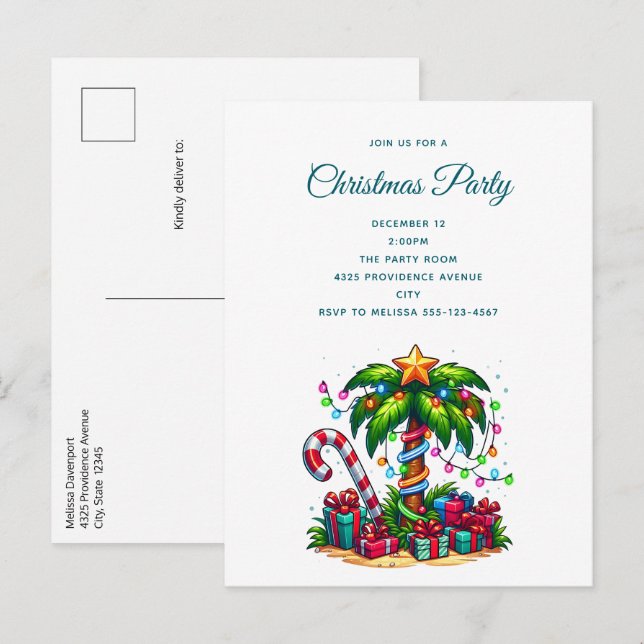 Invitation Carte Postale Palmier de Noël tropical (Devant / Derrière)