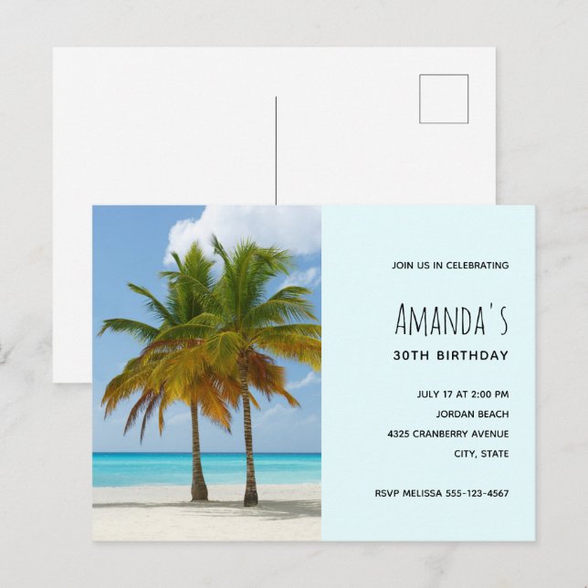 Invitation Carte Postale Palmiers sur une plage tropicale Anniversaire Invi (Devant / Derrière)