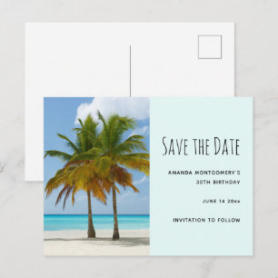 Invitation Carte Postale Palmiers sur une plage tropicale Sauvez la date