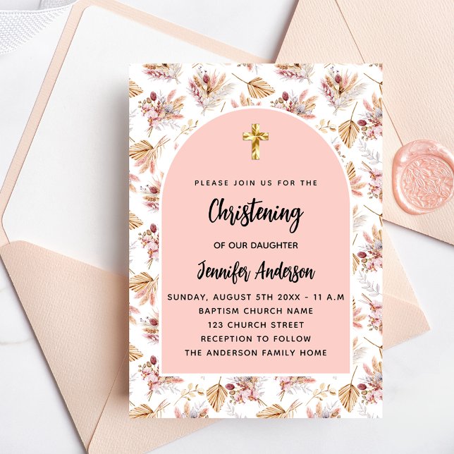 Invitation Carte Postale Pampas Christening fleurs rose or rose fille (Créateur téléchargé)