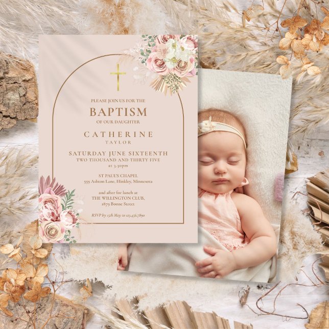 Invitation Carte Postale Pampas Grass Gold Arche Photo Baptême Christening (Pampas Grass Gold Arch Photo Baptism Christening Invitation Postcard)