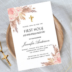 Invitation Carte Postale Pampas herbe rose or blush première communion sain