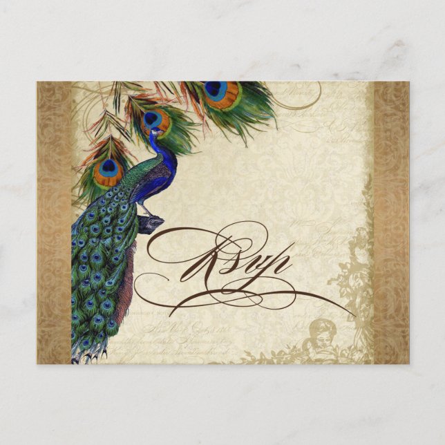 Invitation Carte Postale Paon & Plumes Aspect Vieilli Doré Damassé Tourbill (Devant)