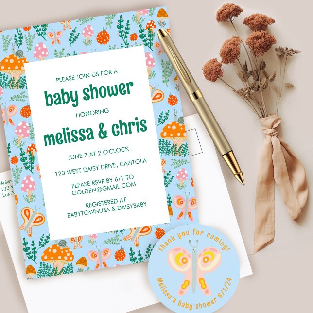 Invitation Carte Postale Papillon de champignons d'escargot mou BABY SHOWER (Snail Mushroom Butterfly Cute CUSTOM BABY SHOWER Invitation Postcard
)