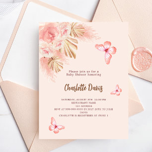 Invitation Carte Postale Papillon pampas herbe rose fille Baby shower