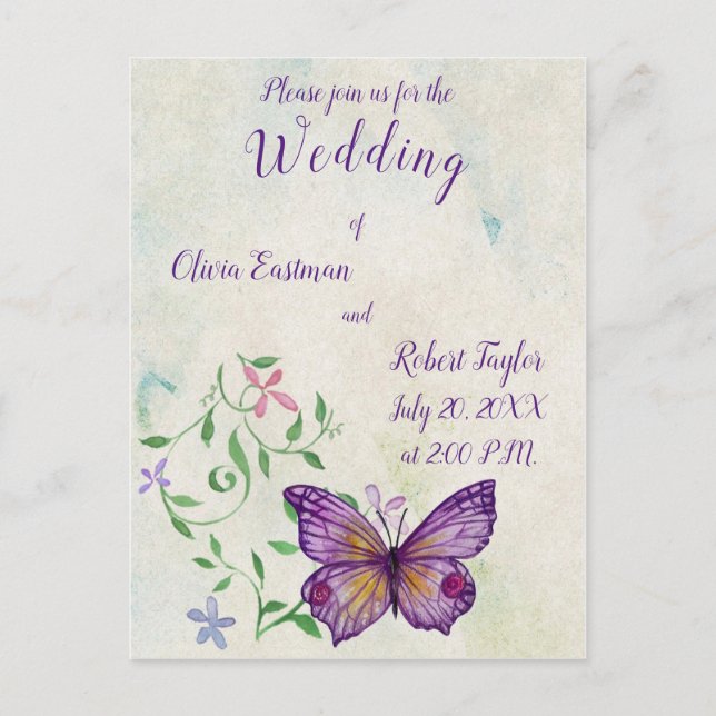 Invitation Carte Postale Papillon pourpre à aquarelle personnalisée (Devant)