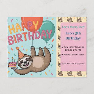 Invitation Carte Postale Paresseux de fête d'anniversaire avec ballons et g