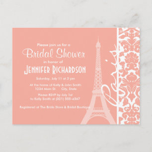 Invitation Carte Postale Paris ; Deep Peach Damask