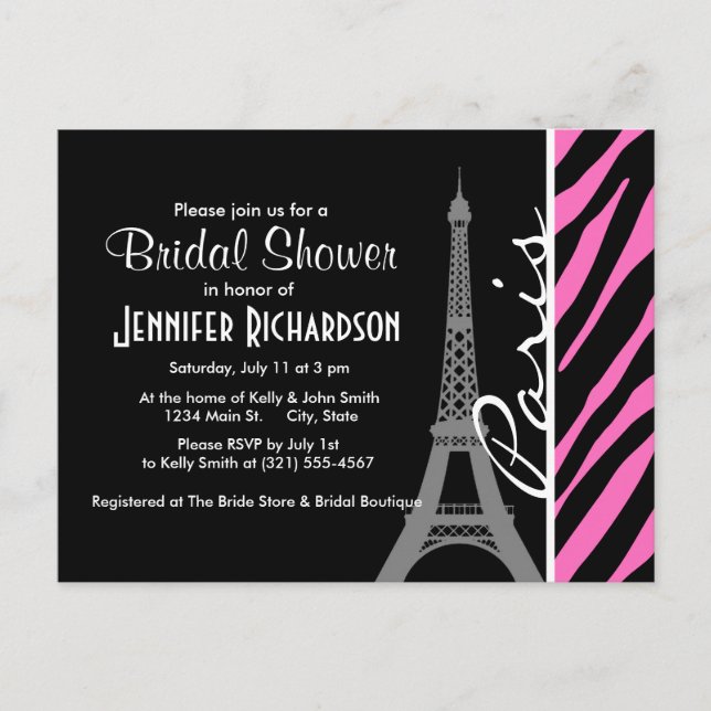 Invitation Carte Postale Paris ; Impression Zèbre rose et noir (Devant)
