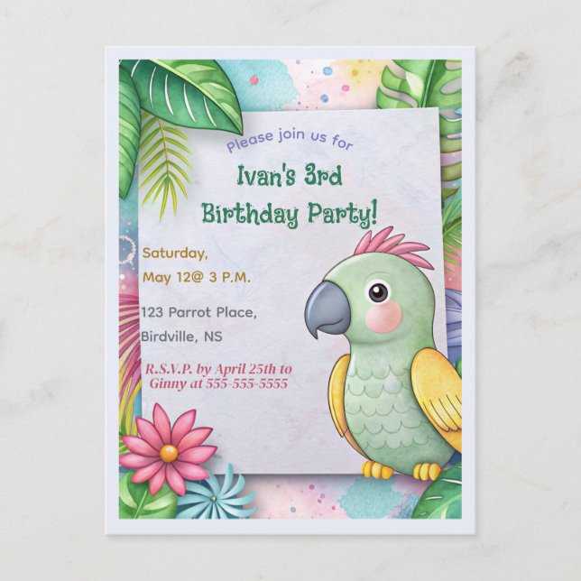 Invitation Carte Postale Parrot tropical modifiable Anniversaire (Devant)