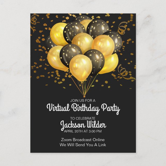 Invitation Carte Postale Parti Anniversaire de enfant Ado Or Et Noir (Devant)