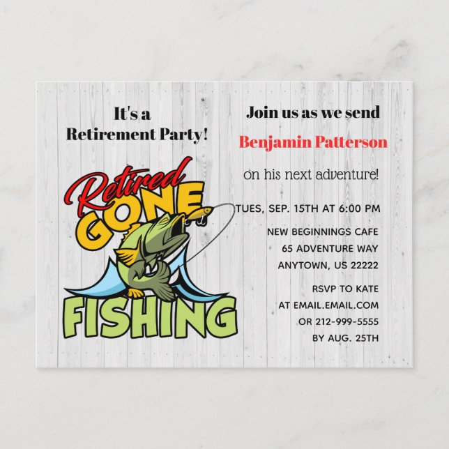 Invitation Carte Postale Parti de la retraite de la pêche à la retraite et  (Devant)