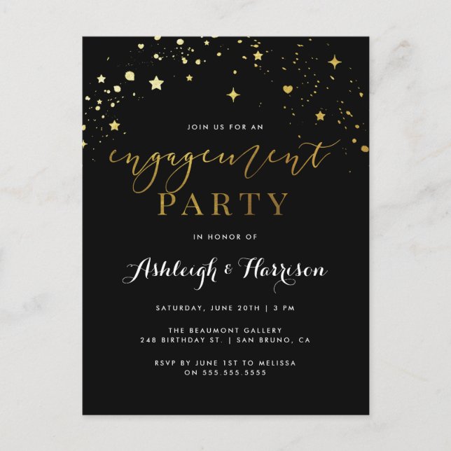 Invitation Carte Postale Partie d'engagement Confetti Noir & Or (Devant)