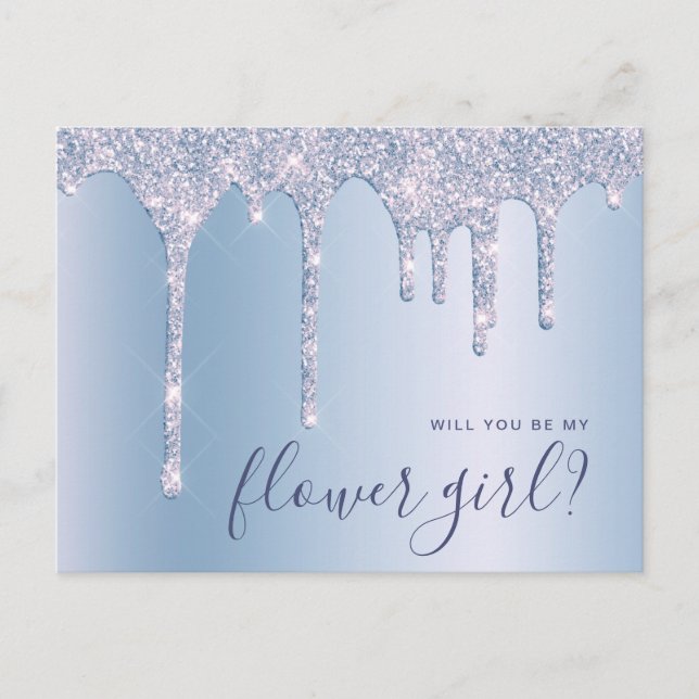 Invitation Carte Postale Parties scintillant bleue gouttes tu seras ma fill (Devant)